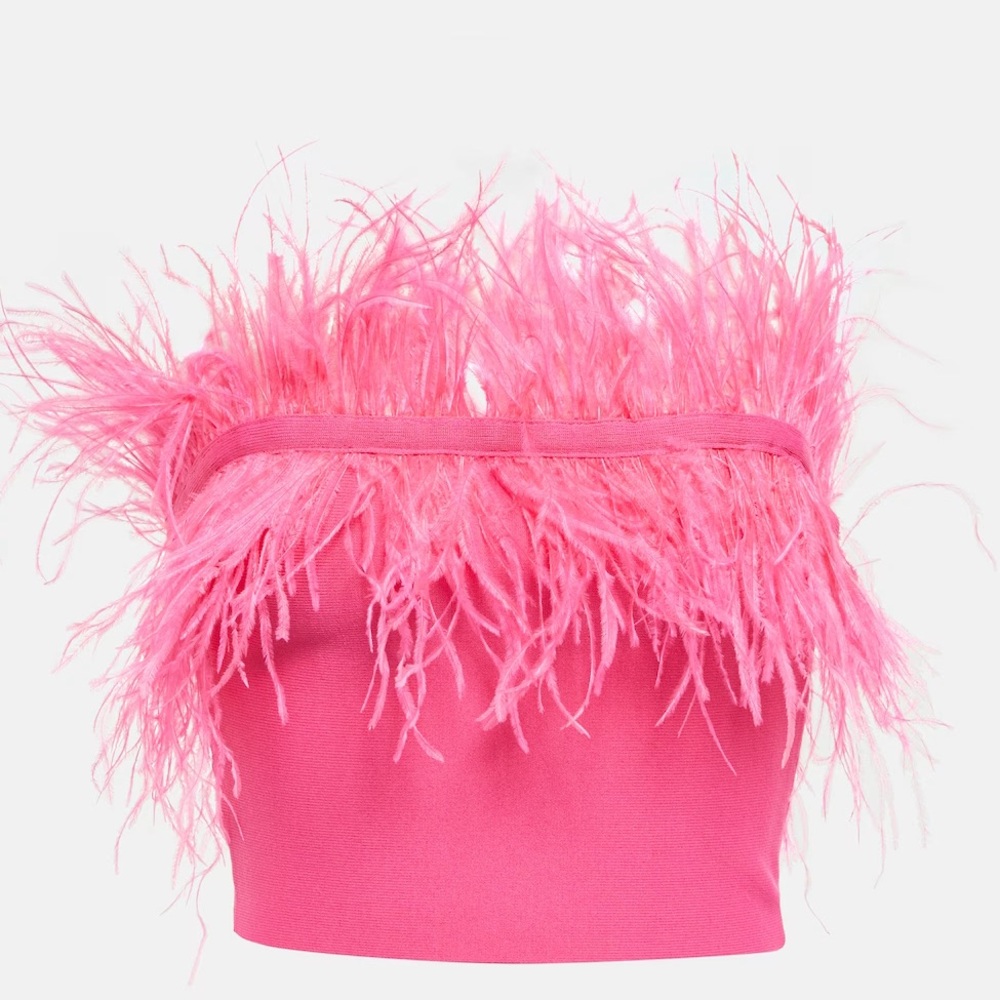 STAUD Nellie feather-trimmed knit crop top NWT
